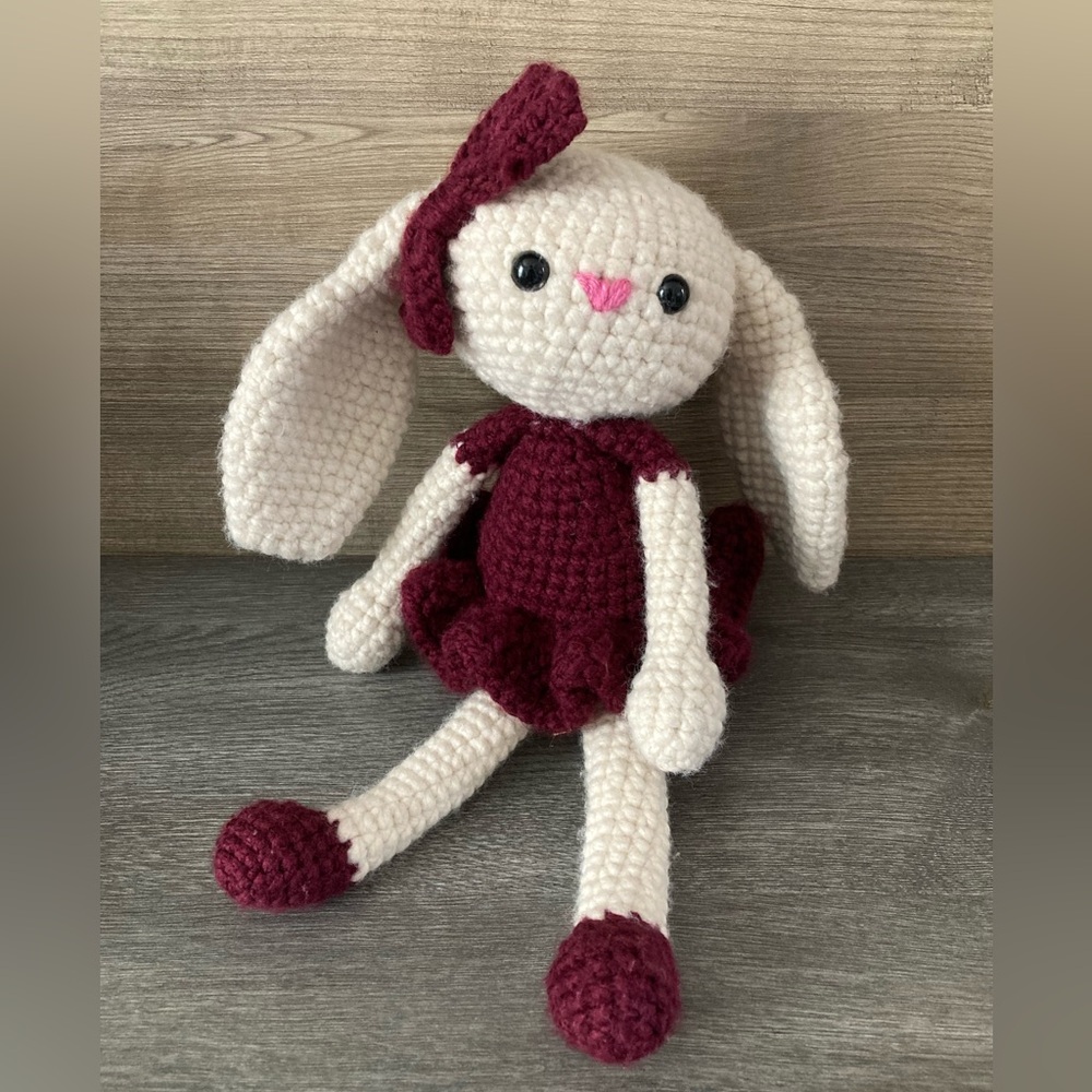 Crocheted Floppy Eared Bunny with Dress and Bow Shelf Sitter